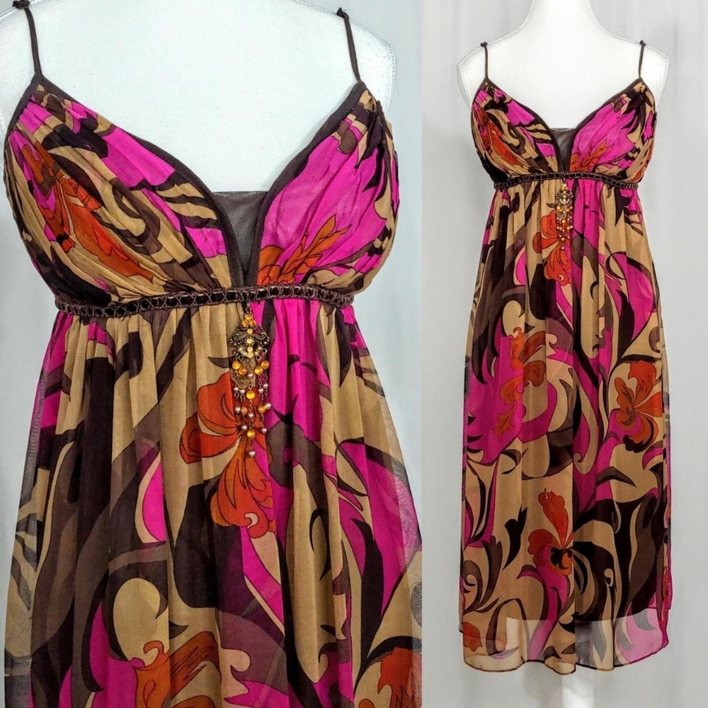 Nicole Miller Vibrant Pink and Tan Midi Dress
